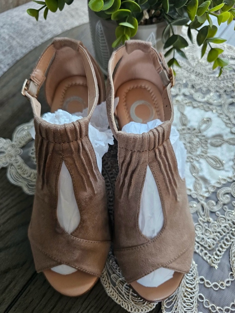 Journee Collection Tan Suede Peep-Toe Ankle Strap Heels